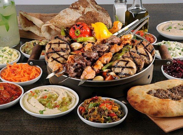a variety of skewered meats and poultry at the Lebanese restaurant Abu-Gosh